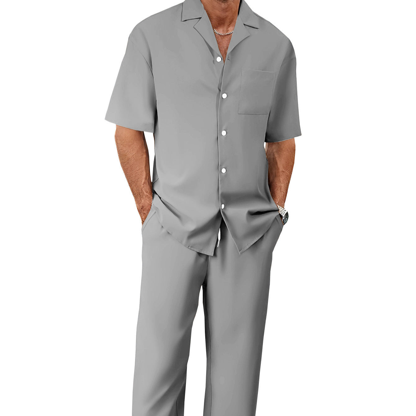 Men's Trousers Suit Fashion Lapel Button Short Sleeve Shirt And Pocket Straight Pants Clothing