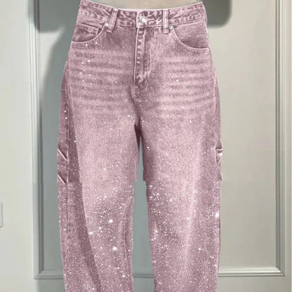 Ins Shiny Straight Jeans With Pockets Fashion Loose Wide-leg Pants For Women Street-style Trousers