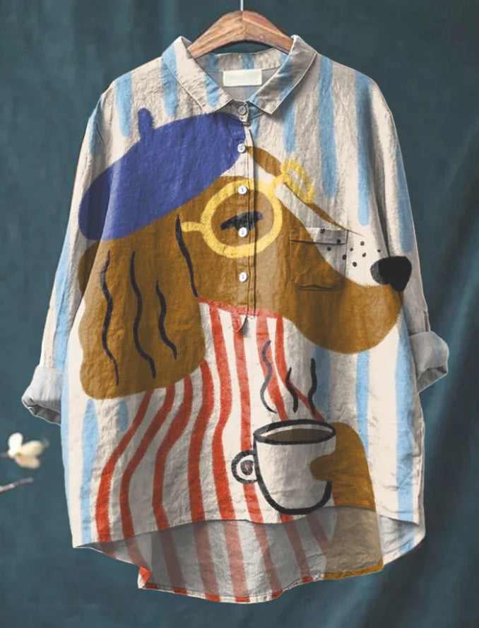Casual Graffiti Print V-neck Single-button Long-sleeved Shirt