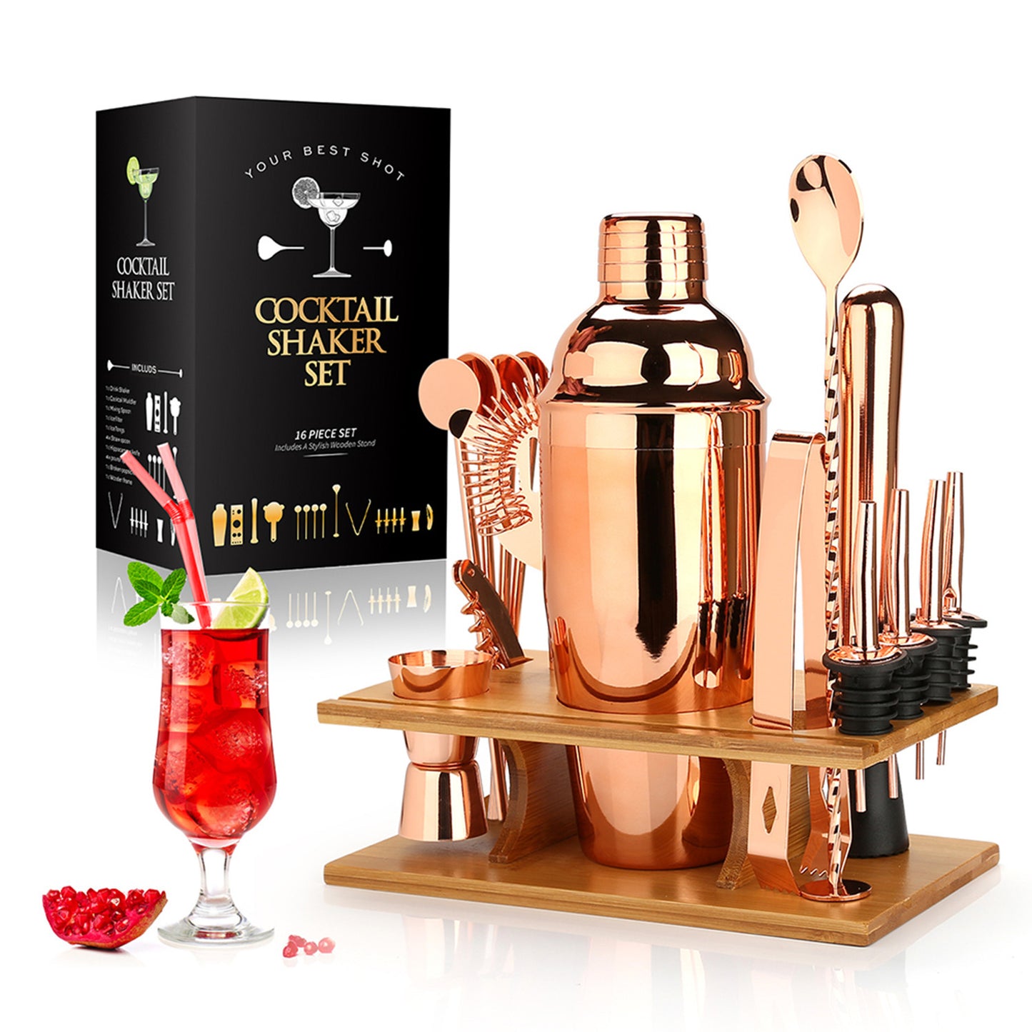 Wine Mixer Set 16 Pieces Bamboo Storage Base