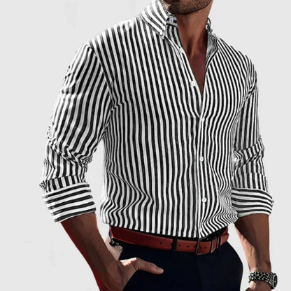 Ins Stripe Printed Long Sleeve Shirt Men Fashion Casual Lapel Button Top Clothing