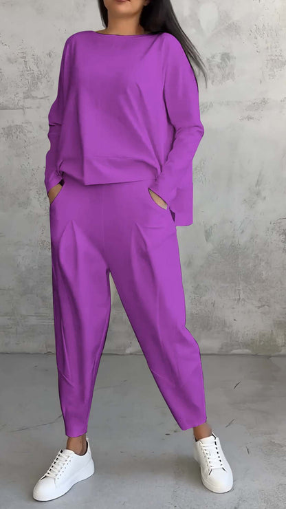 Women's Irregular Suit Long-sleeved Round Neck Top And Loose Harem Pants With Pockets Ins Fashion Trousers Set Women's Clothing