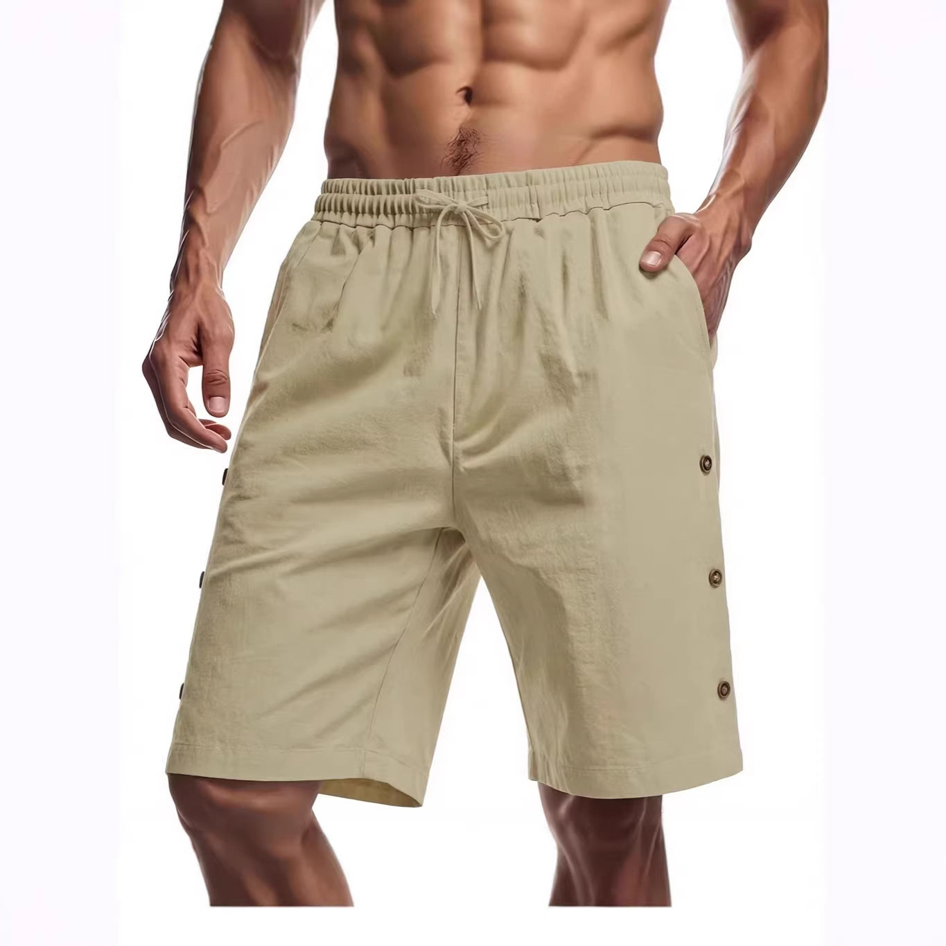 Solid-color Mens Loose-fit American-style Cotton-linen Beach Casual Shorts With Buttons