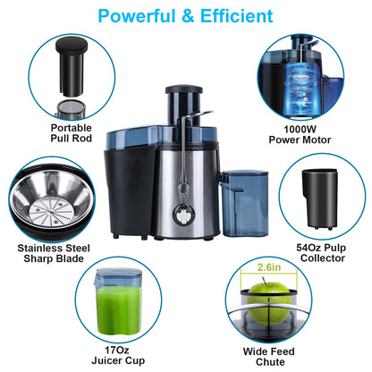 1Pc Centrifugal Juicer Juice Extractor With 2 Speeds 2.6in Wide Feed Chute 17Oz Juicer Cup 54Oz Pulp Collector Electric Juicer For Fruits Vegetables