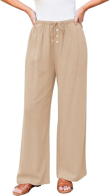 High Waist Button Drawstring Loose Casual Summer Wide-leg Pants With Pockets