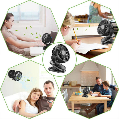 3 Speeds Mini Cooling Fan USB Rechargeable Clip On Desk Baby Stroller Portable