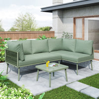 Outdoor Patio&Backyard Furniture Garden Lounge Set For 4-5 People, Thick Quality Space Saving L-Shaped Corner Sofa With Glass Coffee Table, Green