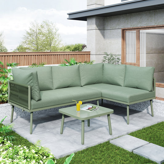 Outdoor Patio&Backyard Furniture Garden Lounge Set For 4-5 People, Thick Quality Space Saving L-Shaped Corner Sofa With Glass Coffee Table, Green