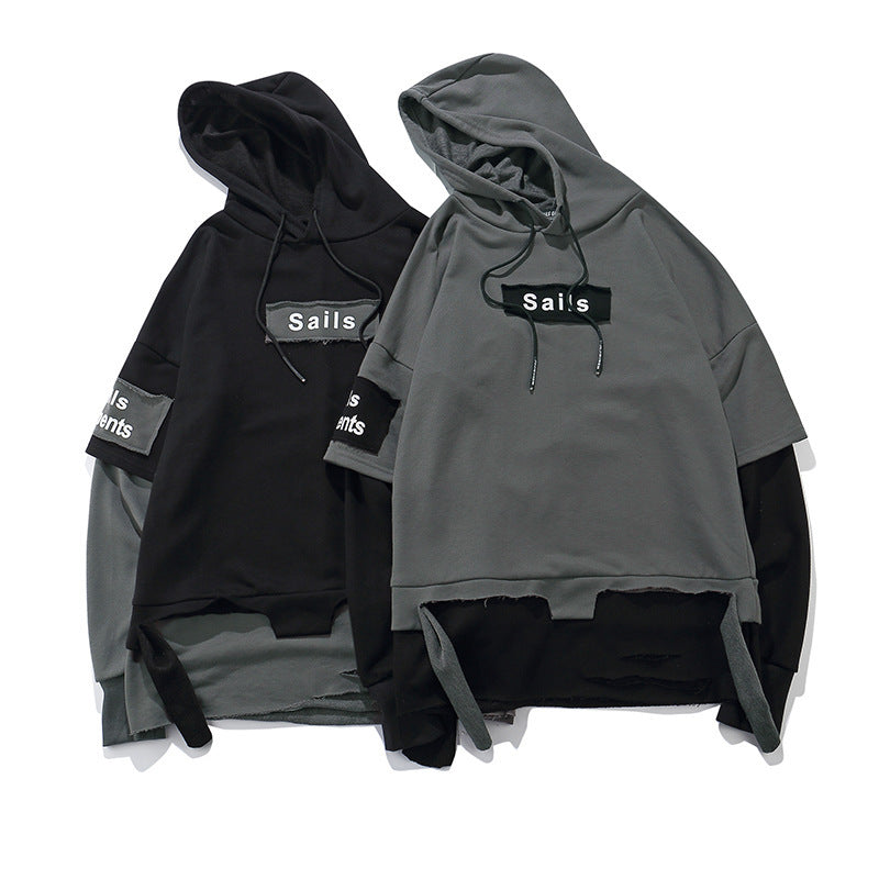 Men's loose fake two long-sleeved hoodies hole cut through hip-hop tide brand men's hurricane print hooded sweater