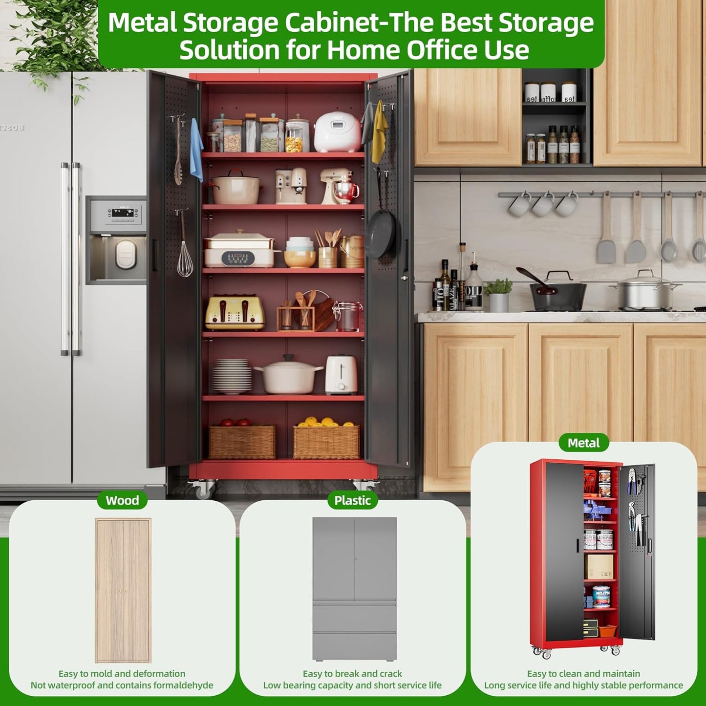 Garage Storage Cabinet With Pegboard And 5 Adjustable Shelves, Metal Lockable Cabinet With Magnetic Doors,Tool Storage,Home Office Garage,Gym,School Black-red