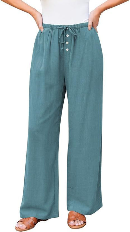 High Waist Button Drawstring Loose Casual Summer Wide-leg Pants With Pockets