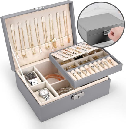 2 Layer Grey Jewellery Box Organizer Rings Necklaces Jewellry Storage Case Box