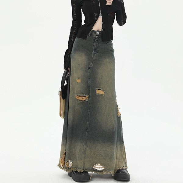 High Waist Loose And Slimming Long Skirt Ripped Denim Skirt