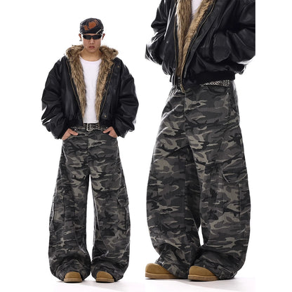 American-style Vintage Camouflage Machete-cut Jeans For Men