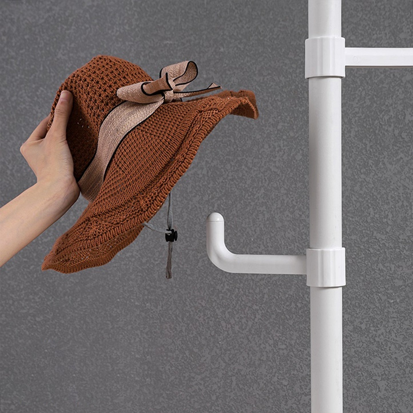 Extra Long Clothes Hanger With The Top Relying On The Ceiling And Nuclear Floor, Coat Rack Freestanding With 6 Hooks
