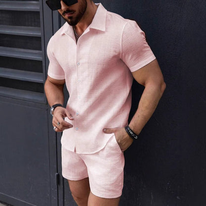 Leisure Breathable Beach Two Piece Suits Mens Summer Casual Short Sleeve Shirt And Shorts Men Outfits Vintage Textured Solid Set