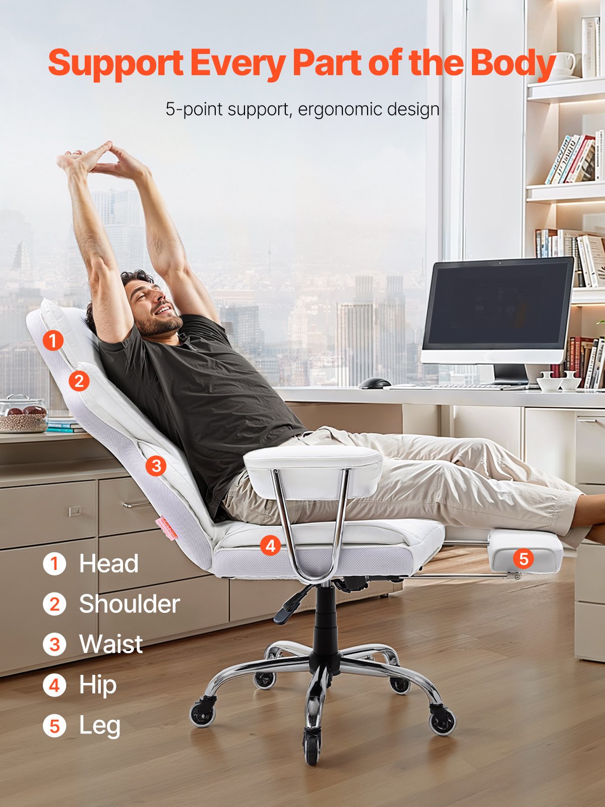 Reclining Office Chair With Footrest, Heavy Duty PU Leather Wide Office Chair, Big And Tall Executive Office Chairs With Lumbar Support, Strong Metal Base Quiet Wheels, White