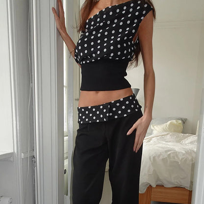 Polka Dots Print Oblique Shoulder Tops Summer Patchwork Chiffon Crop Top Women Sexy Sleeveless Lace Up Backless Blouse Casual Streetwear Tee