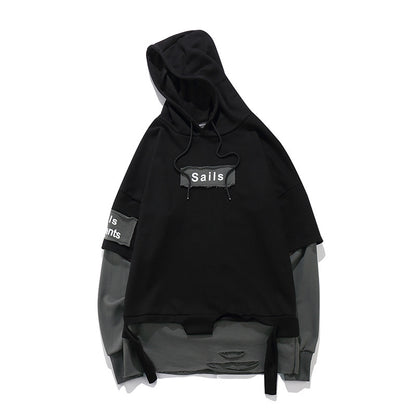 Men's loose fake two long-sleeved hoodies hole cut through hip-hop tide brand men's hurricane print hooded sweater