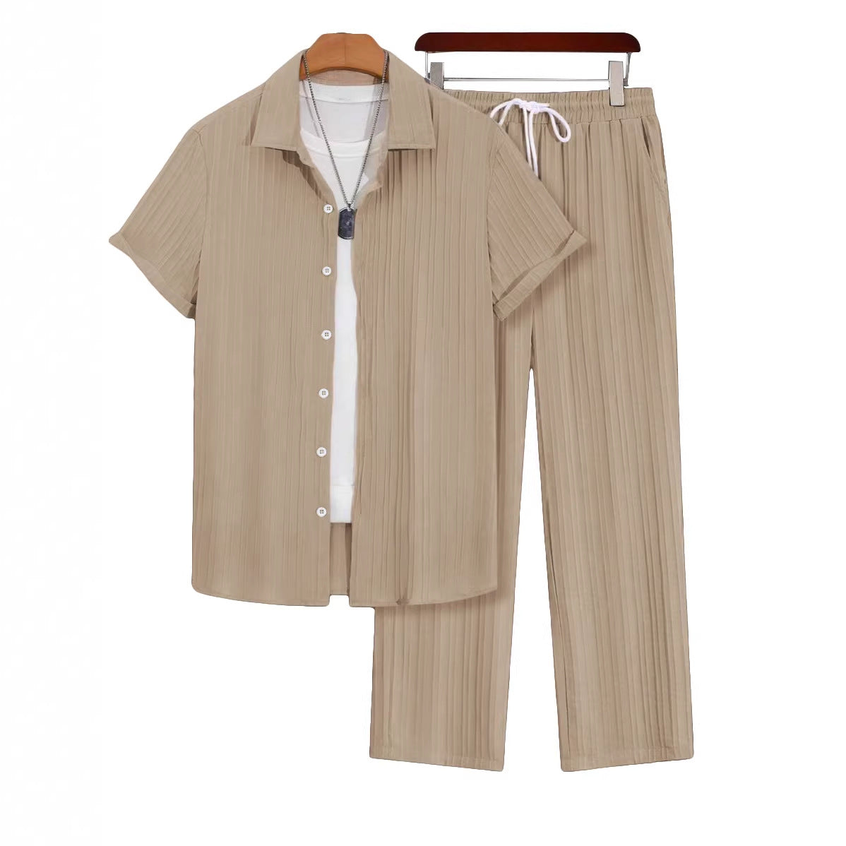 Mens Plus-Size Casual Loose Short-Sleeve Shirt And Pants Set