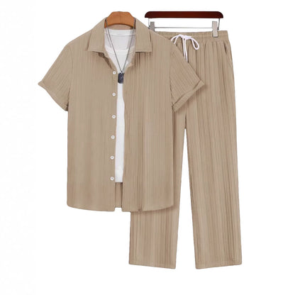 Mens Plus-Size Casual Loose Short-Sleeve Shirt And Pants Set