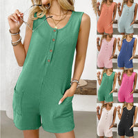 Women's Summer Jumpsuit Round Neck Casual Sleeveless Solid Color Short Jumpsuit With Pockets Women Turtle Neck Holiday Beach Shorts