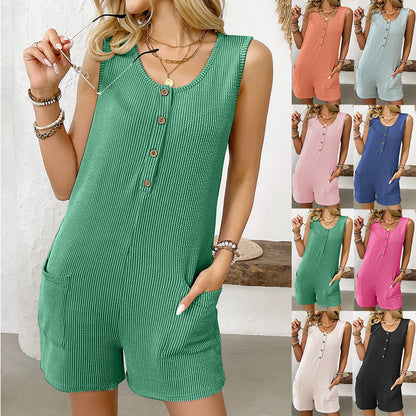Women's Summer Jumpsuit Round Neck Casual Sleeveless Solid Color Short Jumpsuit With Pockets Women Turtle Neck Holiday Beach Shorts