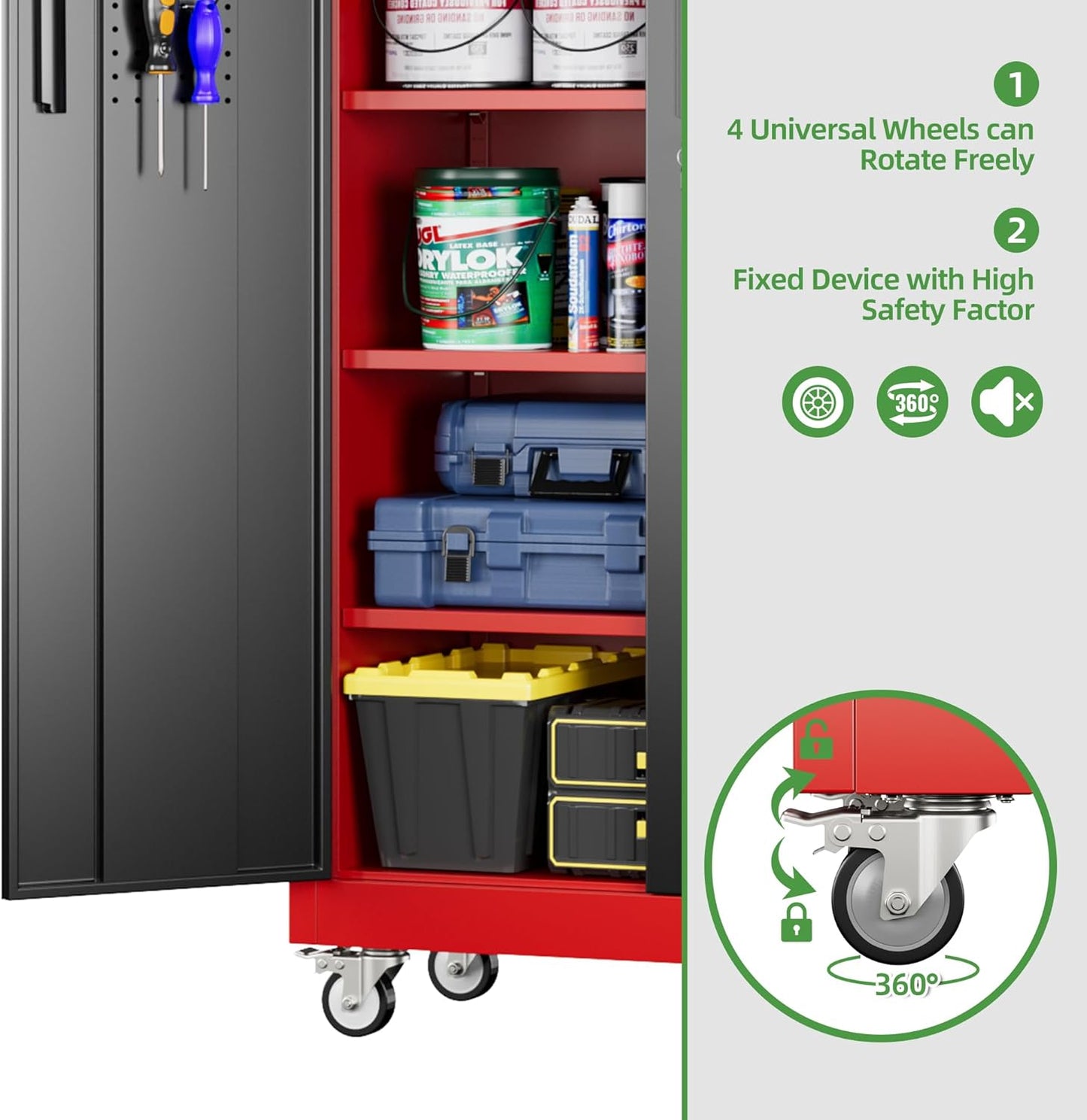 Garage Storage Cabinet With Pegboard And 5 Adjustable Shelves, Metal Lockable Cabinet With Magnetic Doors,Tool Storage,Home Office Garage,Gym,School Black-red