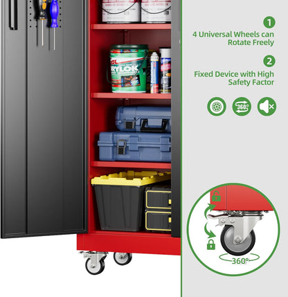 Garage Storage Cabinet With Pegboard And 5 Adjustable Shelves, Metal Lockable Cabinet With Magnetic Doors,Tool Storage,Home Office Garage,Gym,School Black-red
