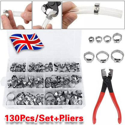 130x Single Ear Hose Clamps Assorted Stainless Steel O Fuel Pipe Clip Hose Plier
