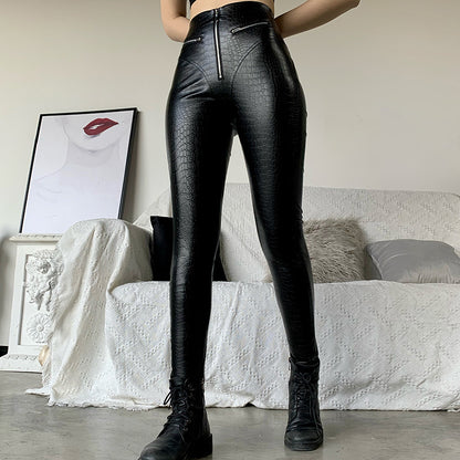 Women's Sexy Peach Hip Leather Pants, High Waist, Tight Feet, High Elastic PU Leggings