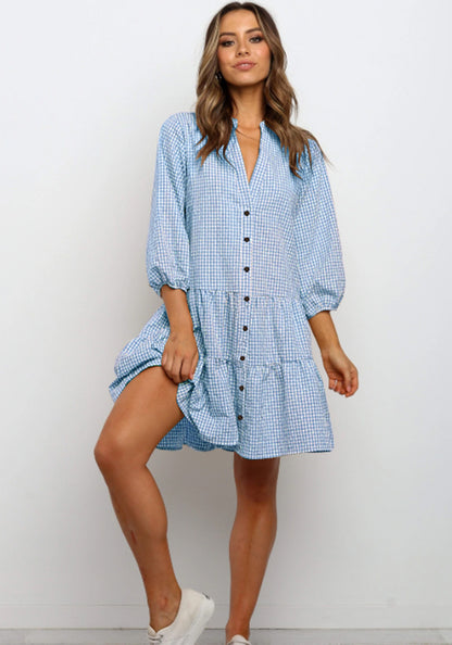 Plaid Printed Ruffle Dress V Neck Button Three-quarter Sleeves Dresses For Women Clothing