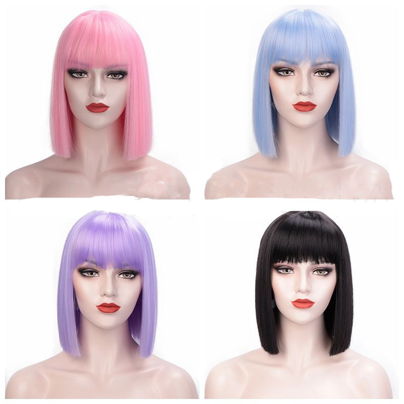 Full Lace Straight Hair Shoulder Length Short Bob Wigs For Women With Bangs - Ombre Gray  12Inches