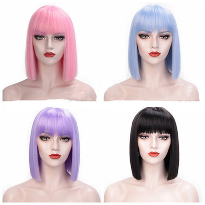 Full Lace Straight Hair Shoulder Length Short Bob Wigs For Women With Bangs - Ombre Gray  12Inches