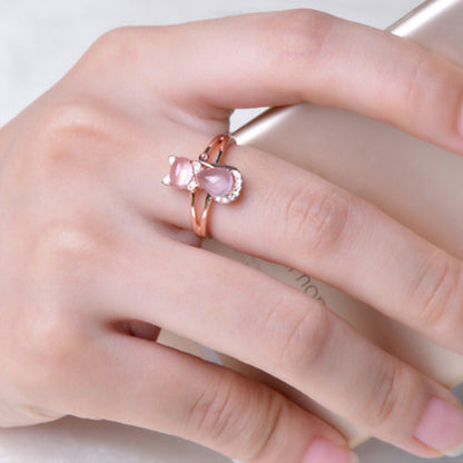 Rose Gold Plated Crystal Cute Animal Cat Ring Hibiscus Stone Crystal Diamond Ring Women Party Jewelry For Pet Lovers