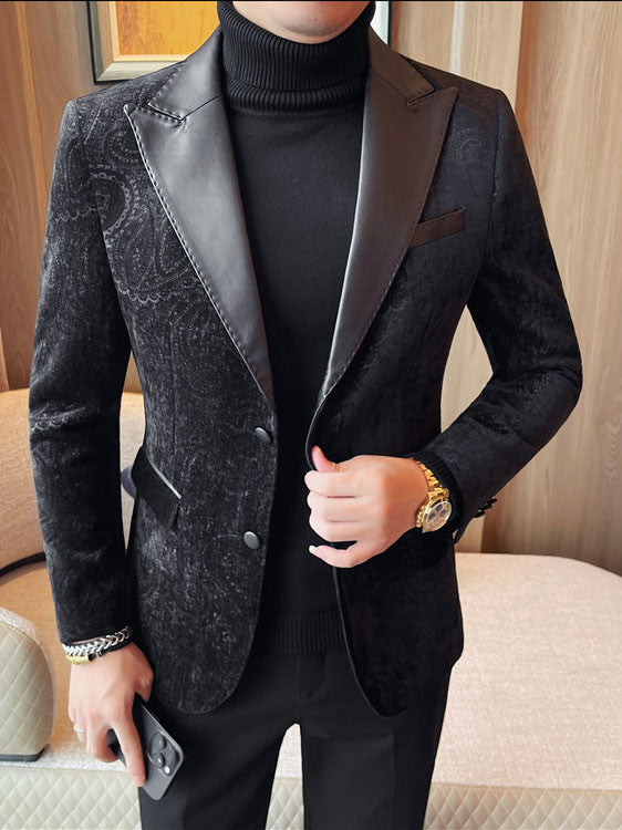 Jacquard Velvet Leather Lapel Men's Blazer