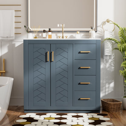 36'' Bathroom Vanity With Ceramic Sink Combo, Solid Wood Frame Bathroom Storage Cabinet, Freestanding Vanity Set With 3 Drawers& Soft Closing Doors