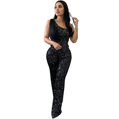 Women's Solid Color Sleeveless One-shoulder Sequined Trousers Jumpsuit