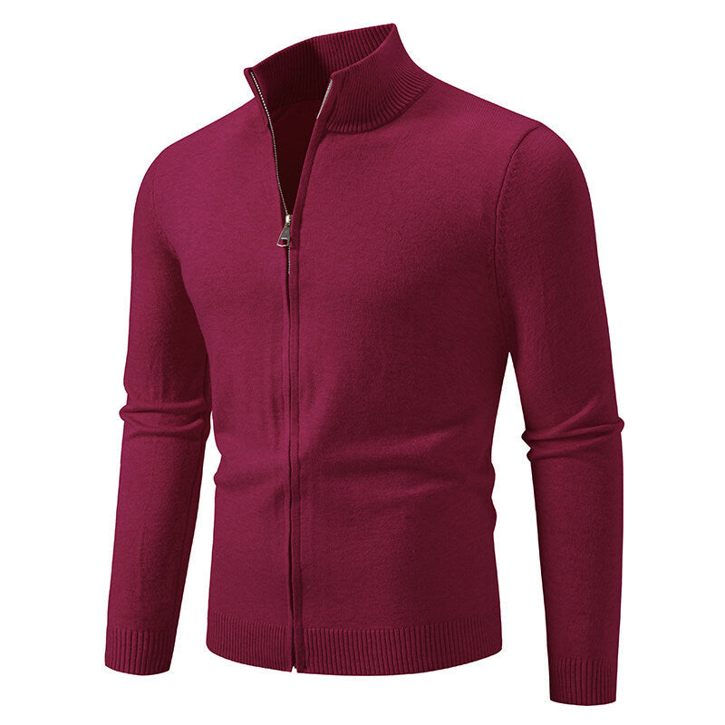 Stand Collar Simple Zipper Solid Color Cardigan Sweater