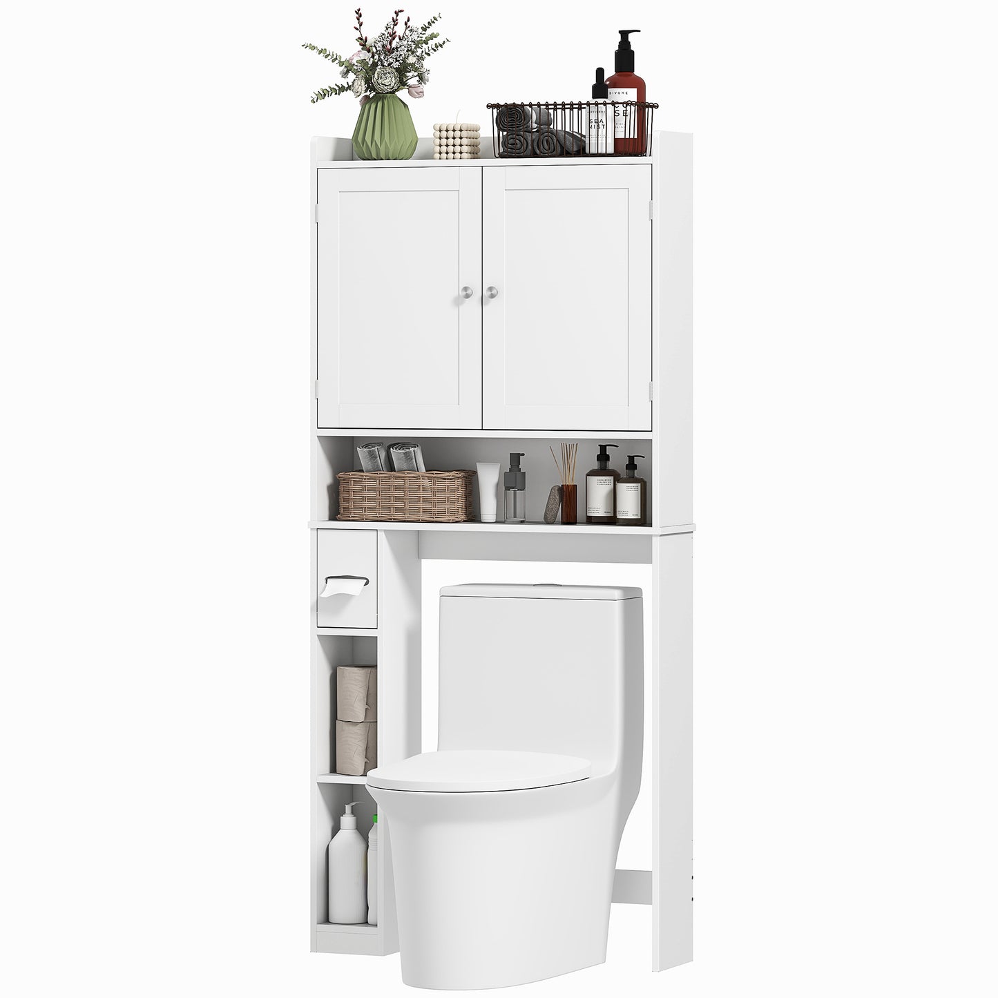 Modern Over The Toilet Storage Cabinet With 2 Doors, Above Commode Storage Cabinet With Toilet Paper Holder, White