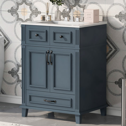 24'' Bathroom Vanity With Ceramic Sink,Solid Wood Frame Bathroom Storage Cabinet With Soft Closing Doors,Retro Style, Blue