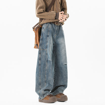 Retro Pleated Washed Denim Jeans Mens Straight-Leg Loose-Fit