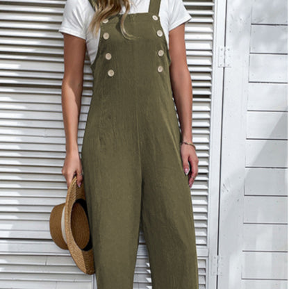 Jungle Green Solid Color Buttoned Straight Leg Overall