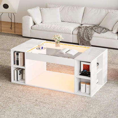 High Gloss Coffee Table With Open Storage, LED Lights, Centre Table With Glass Tabletop, Sofa Side Table, Coffee End Table For Living Room, Office, 100x50x40cm, White, MDF
