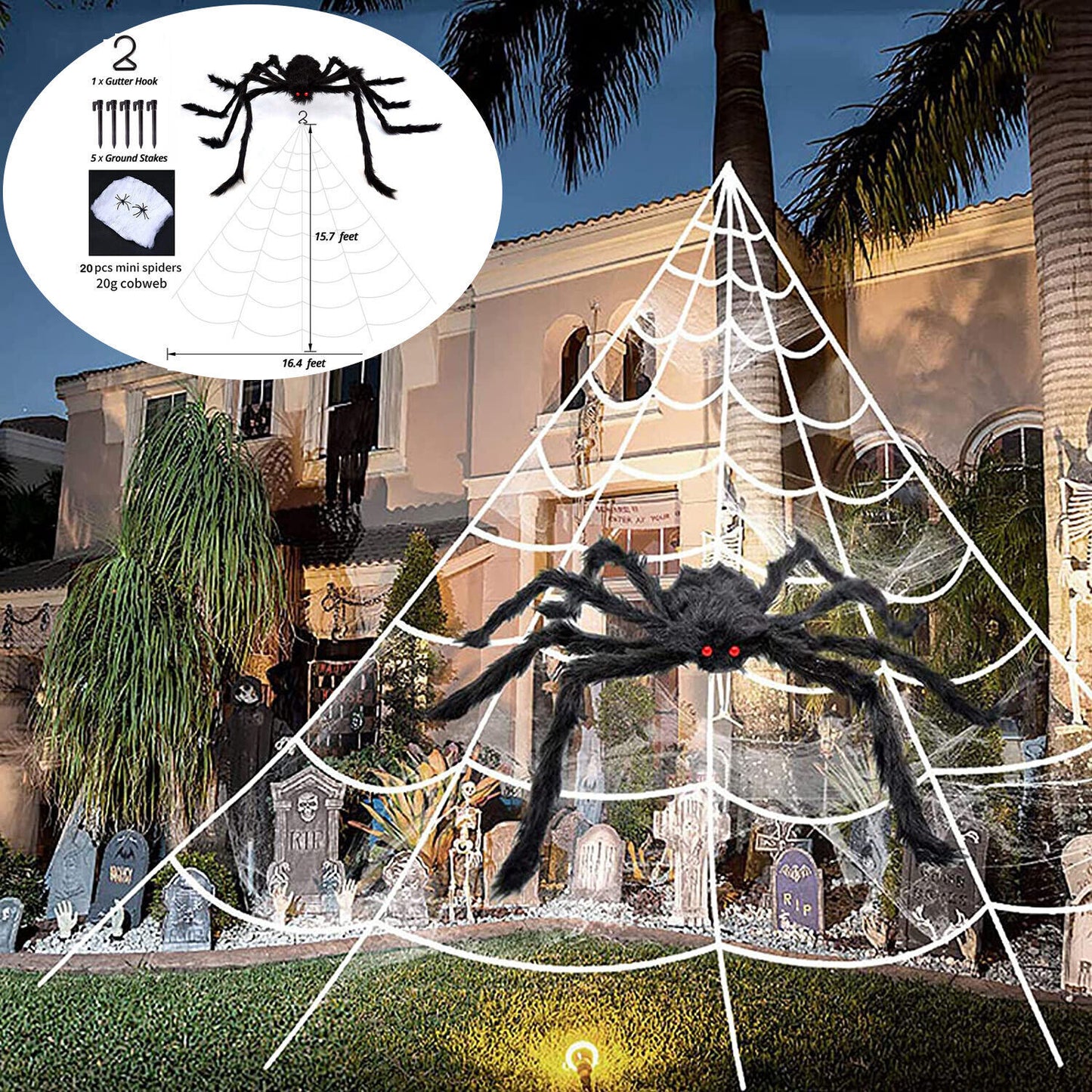 Giant Spider Web Halloween Decoration 5m With 20pcs Spiders And Large Spider