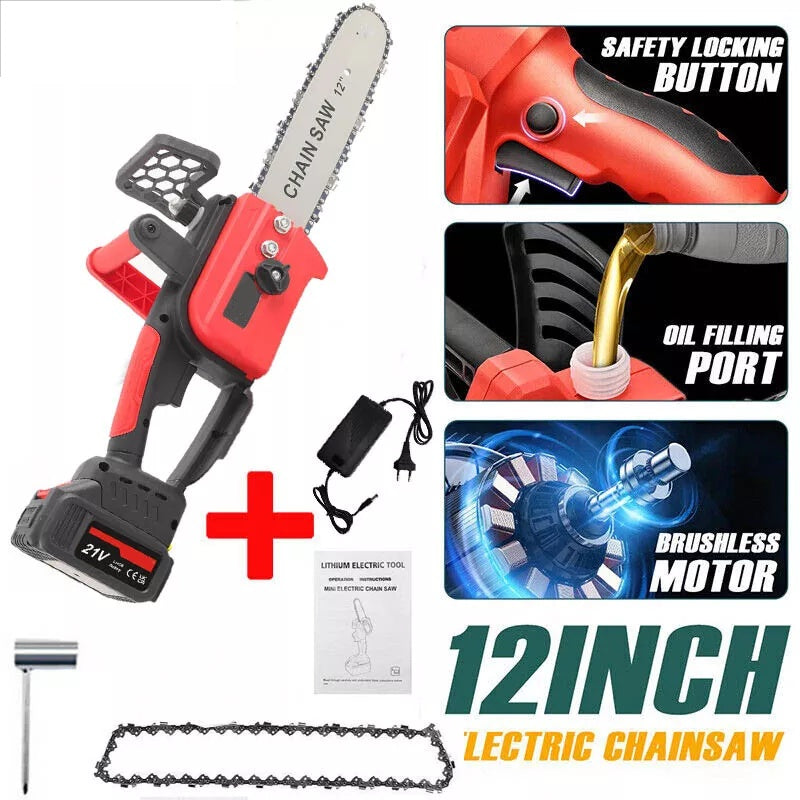 12in Electric Chainsaw Cordless Brushless Wood Cutter -3.0Ah Battery And Charger