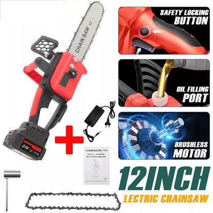 12in Electric Chainsaw Cordless Brushless Wood Cutter -3.0Ah Battery And Charger