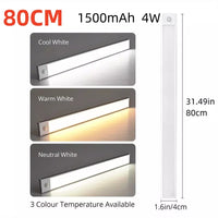40-60-80cm LED PIR Motion Sensor Strip Light USB Rechargeable Cabinet Closet Lamp