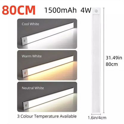 40-60-80cm LED PIR Motion Sensor Strip Light USB Rechargeable Cabinet Closet Lamp