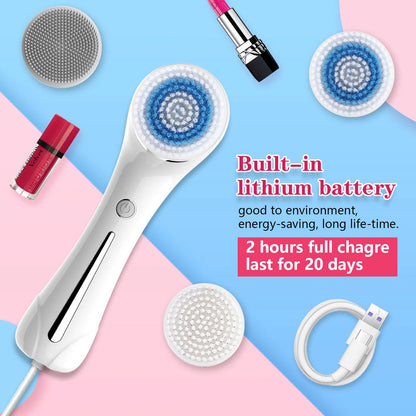 Facial Cleansing Brush, Brush For Exfoliating, IPX7 Waterproof 3 In 1 For Massaging, Deep Cleansing Rechargeable With 4 Brush Head Replacements, White